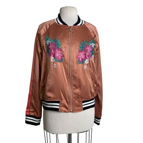 Mossimo Supply M Varsity jacket silky fabric w/ embroidery and ribbed accent - Picture 1 of 6